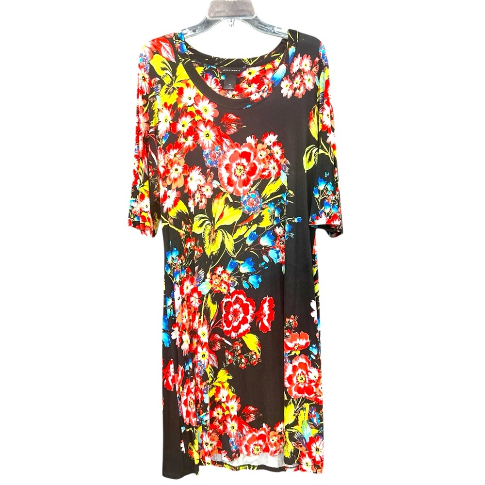 Investments Black Floral Crew Neck Pull Over Stretch Dress Size XL Business